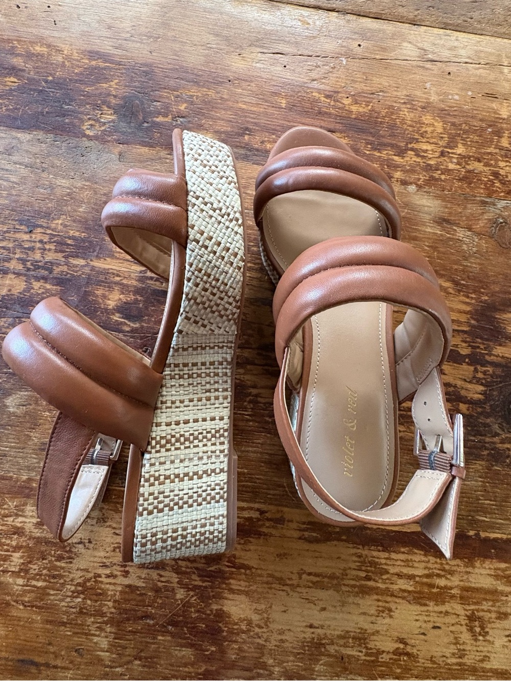 Violet & Red Tan Platform Sandals leather upper. Woven Espadrille Heel 7.5